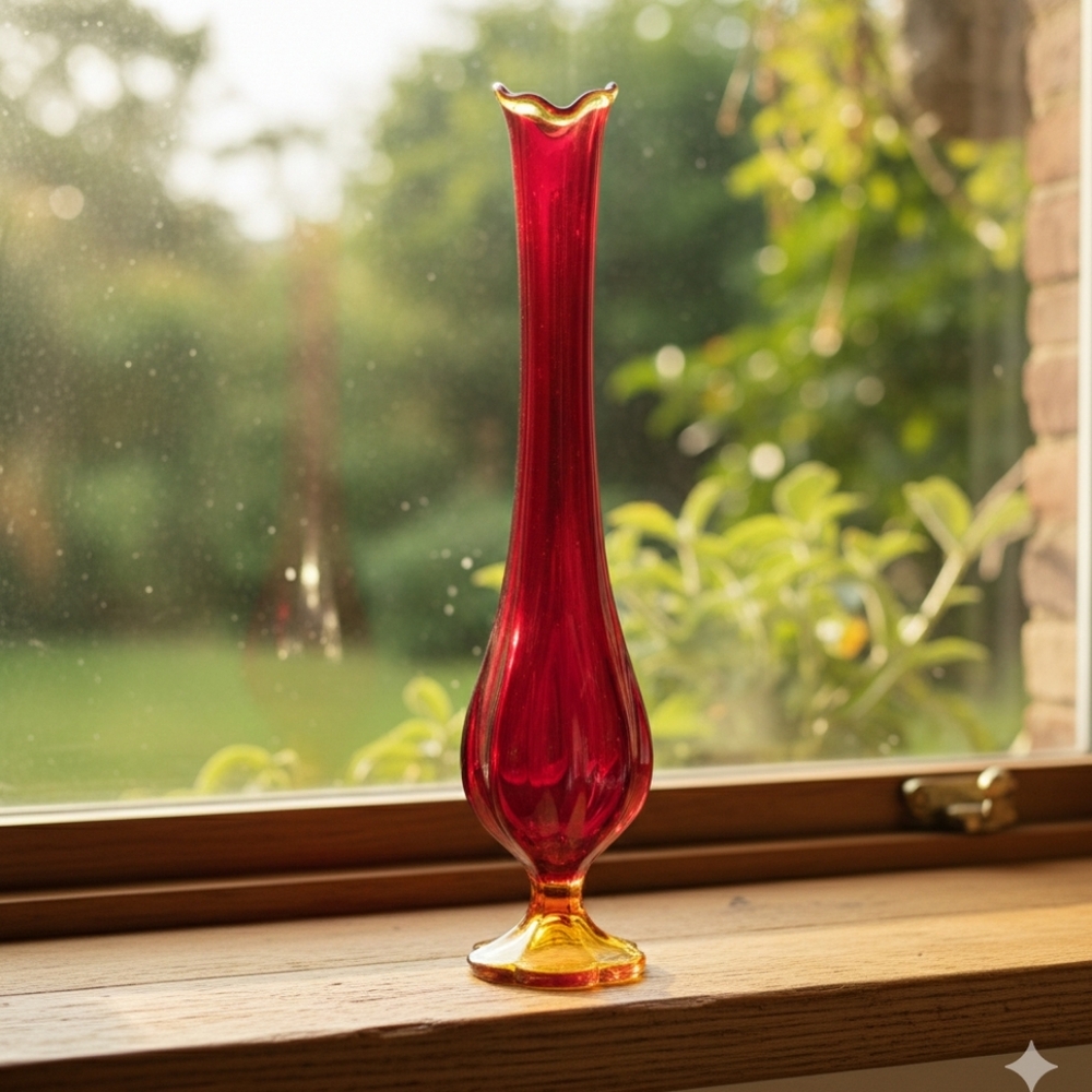 Vtg LE Smith Swung Stretch Amberina Ribbed glass Footed Vase 17" Pedestal glows